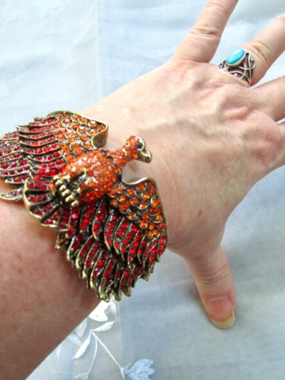 red and orange rhinestone phoenix clamper bracelet ... sparkly vintage cuff - Picture 6 of 6